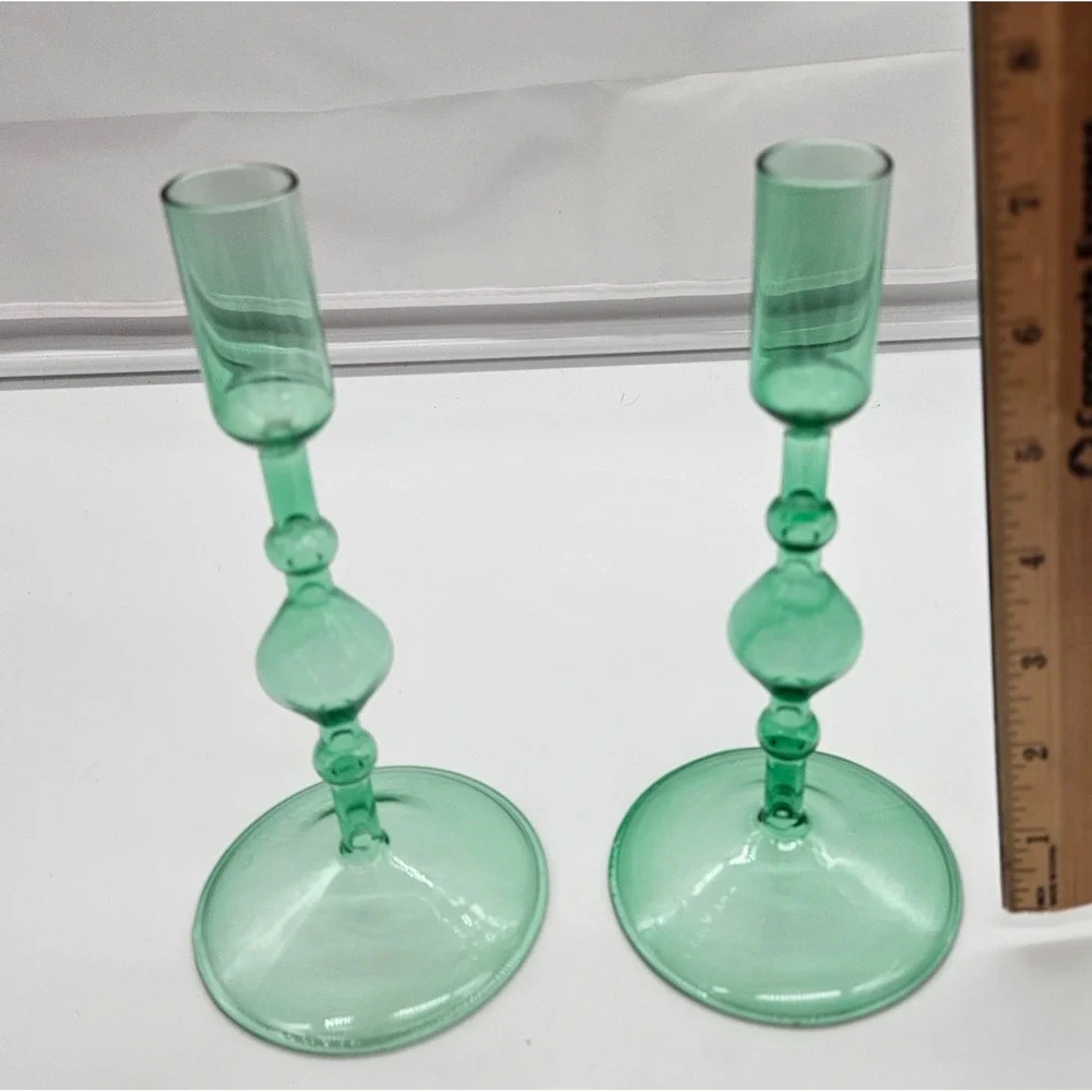 Vintage Style Green Glass Taper Candle Holders Set of 2 Turned Stem 7.5 Inch